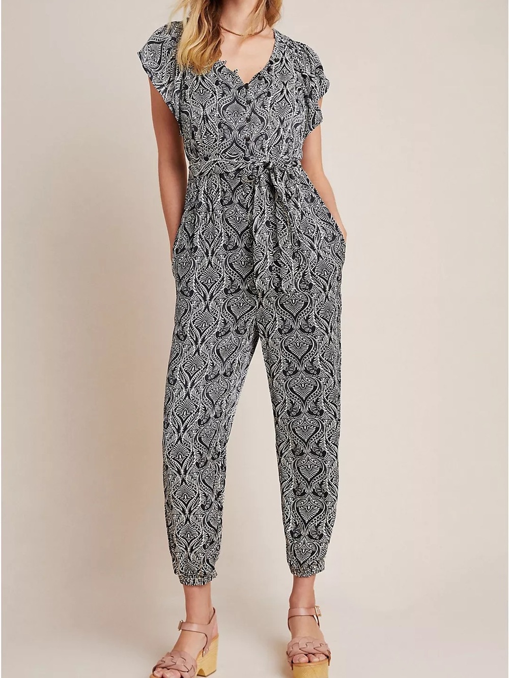 By Anthropologie Women's Zadie Black & White Paisley Tie-Waist Jumpsuit